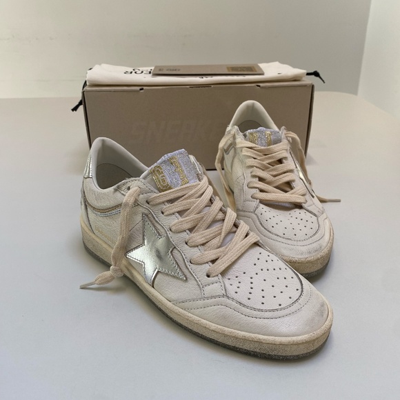 Golden Goose Ball Star Sneaker White Leather/Silver/Gold sz 37 New in Box - Picture 10 of 12